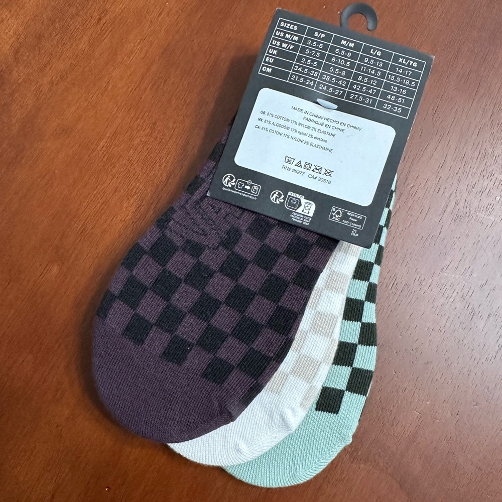 Vans 3-Pack Checkerboard No-Show Socks - Mint, Cream, Purple M/M - Picture 3 of 4